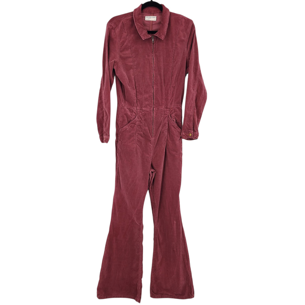 Free People Jayde Corduroy Wide Flare Leg Jumpsuit Zip Front Rust Red Size XL